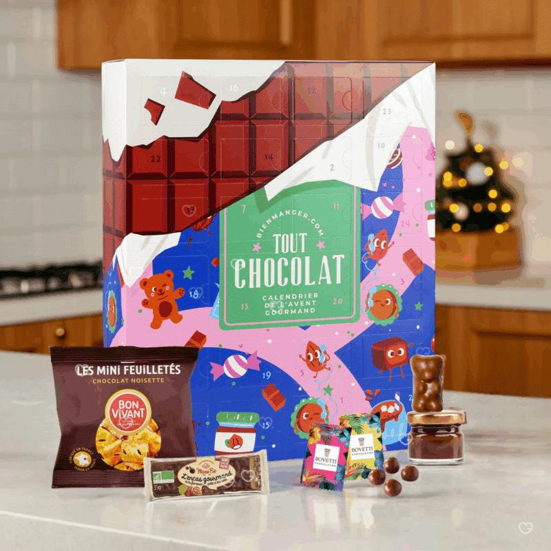 calendrier de l'avent chocolat gourmand 2025 décoré tablette choco contenant 24 surprises chocolatées truffe, guimauve, bonbon, pate a tartiner d'artisans