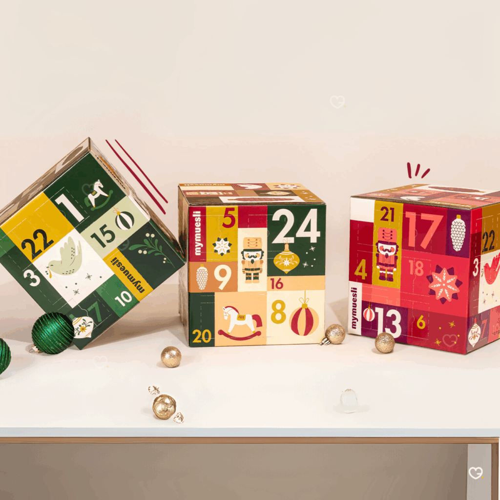 Calendriers de l’Avent mymuesli 2025 mueslis et porridge bio variés bons d’achat inclus, idéal pour adulte homme ou femme amateur de bio.
