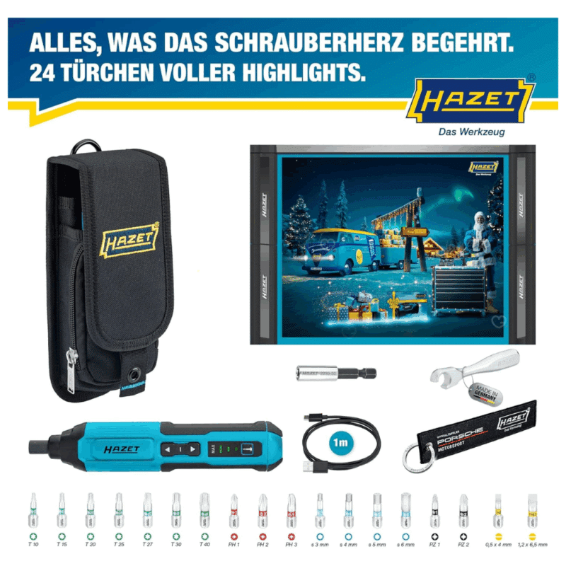 Calendrier de l’Avent Hazet 2025 contenant 24 outils de bricolage, visseuse sans fil, embouts, porte-clés et sac pour passionnés de mécanique et bricoleur