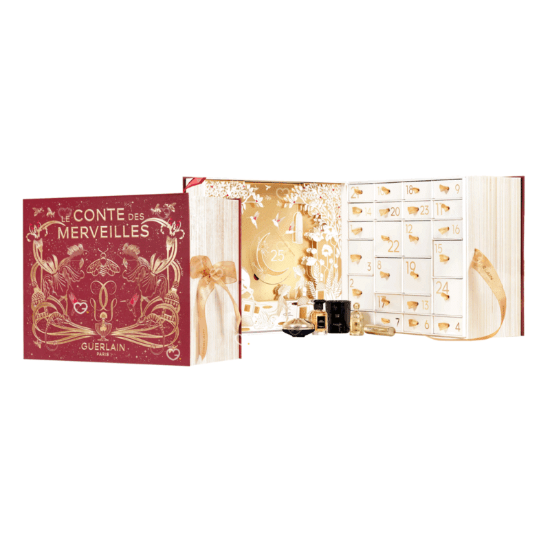 Calendrier de l’Avent Guerlain 2025 en coffret luxueux en forme de livre renfermant 25 produits beauté iconiques, parfums, soins, maquillage et bougie idéal cadeau femme luxe.
