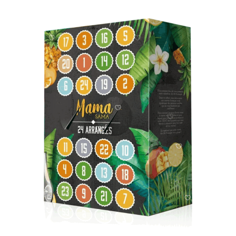 coffret alcool décoré ingrédients recettes calendrier de l'avent rhum arrangé 2025 Mama Sama avec 24 recettes de rhums à base de rhum agricole IGP