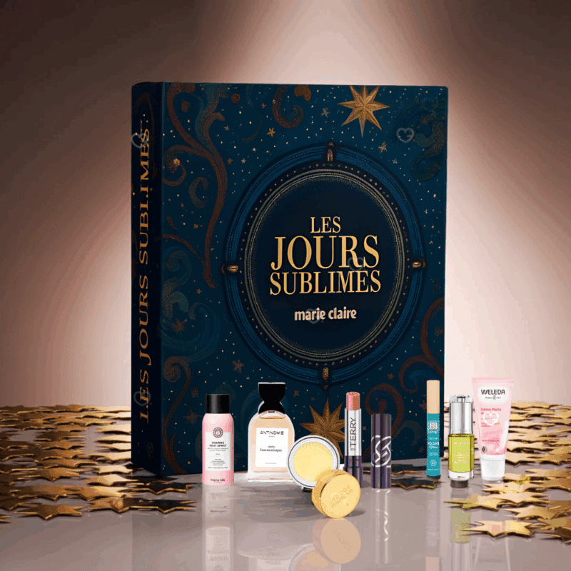 Calendrier de l’Avent Marie Claire 2025 élégant avec 24 surprises beauté premium dont parfum, soins visage, maquillage et soins cheveux pour femme.