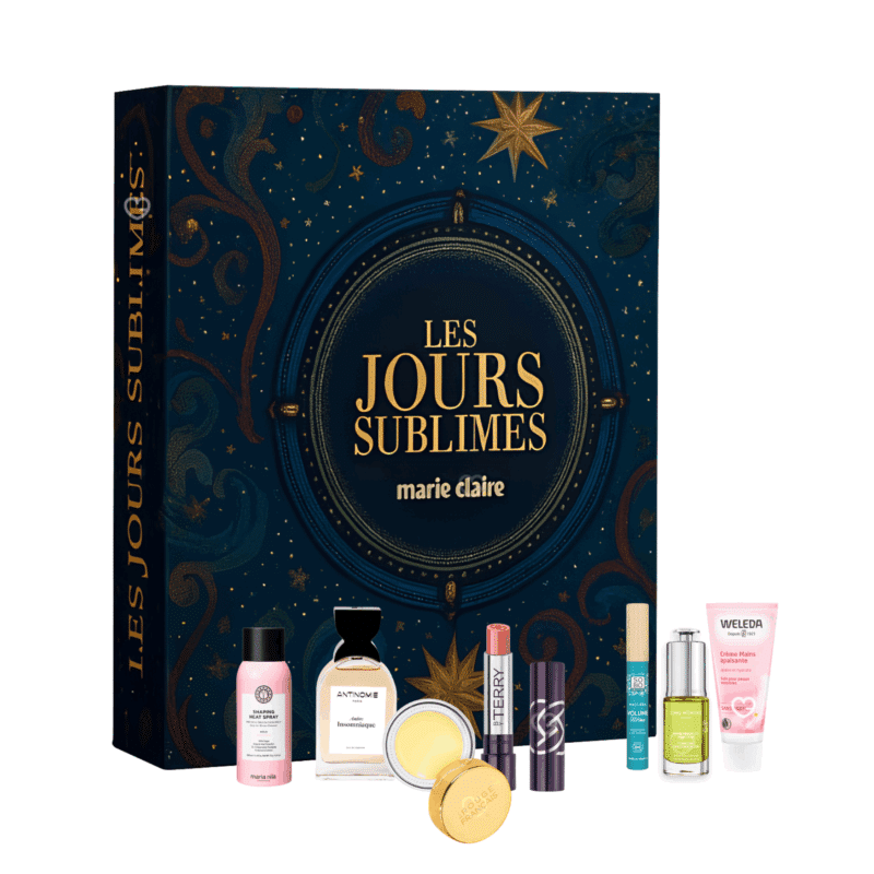 Calendrier de l’Avent Marie Claire 2025 élégant avec 24 surprises beauté premium dont parfum, soins visage, maquillage et soins cheveux pour femme.