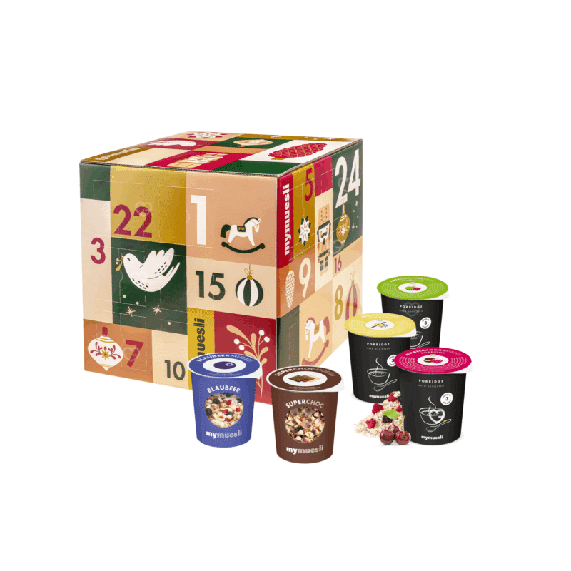 Calendrier de l’Avent mymuesli 2025 avec 24 surprises gourmandes bio, mueslis et porridges recettes variées pour adulte et gourmand