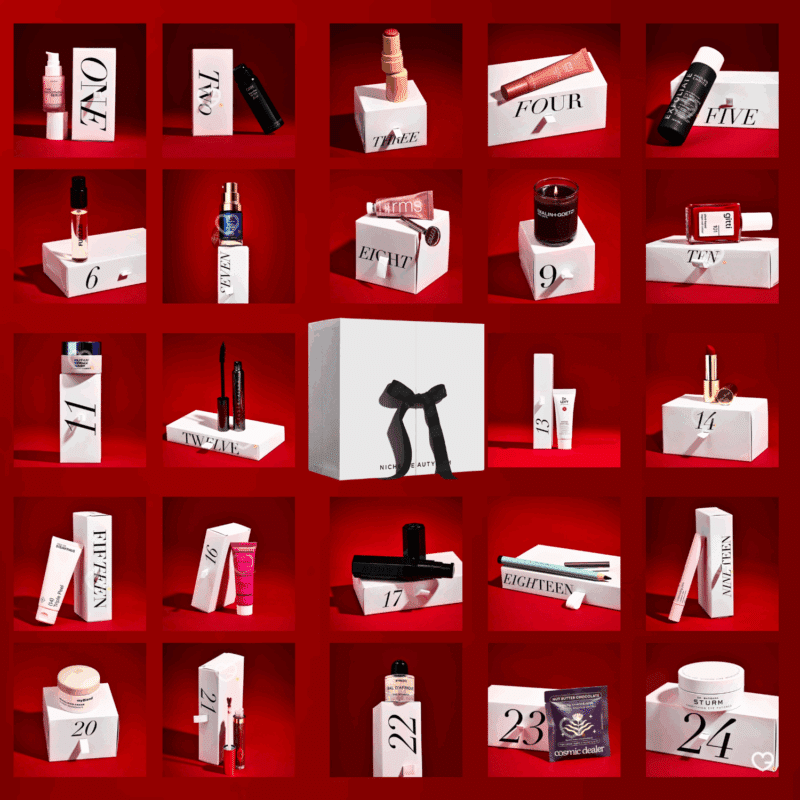 Calendrier de l’Avent Niche Beauty 2025 avec 24 soins, maquillage, parfums et lifestyle premium dont 16 full-size, chic cadeau beauté femme.