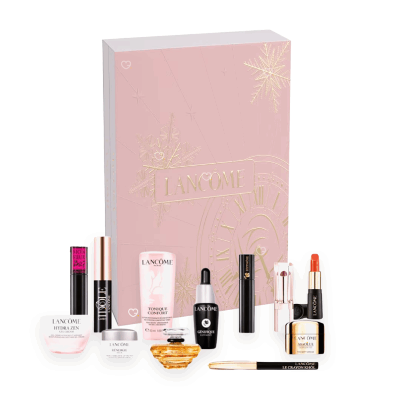 Calendrier de l’Avent beauté Lancôme x Nocibe 2025 en édition limitée, coffret prestige rouge et doré avec 24 soins visage, maquillage et parfums pour femme