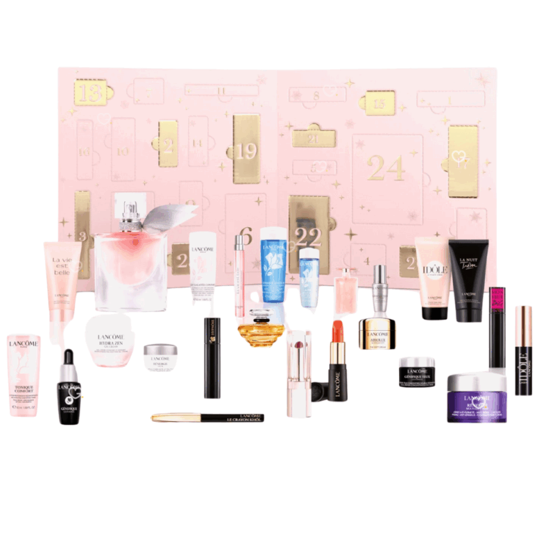 Calendrier de l’Avent beauté Lancôme x Nocibe 2025 en édition limitée, coffret prestige rouge et doré avec 24 soins visage, maquillage et parfums pour femme
