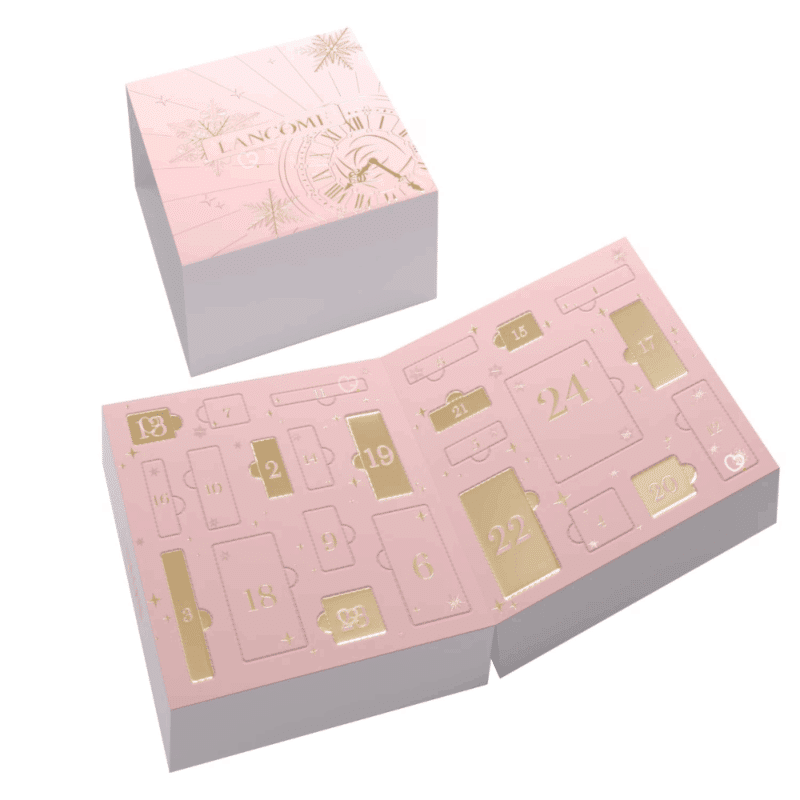 Calendrier de l’Avent beauté Lancôme x Nocibe 2025 en édition limitée, coffret prestige rouge et doré avec 24 soins visage, maquillage et parfums pour femme