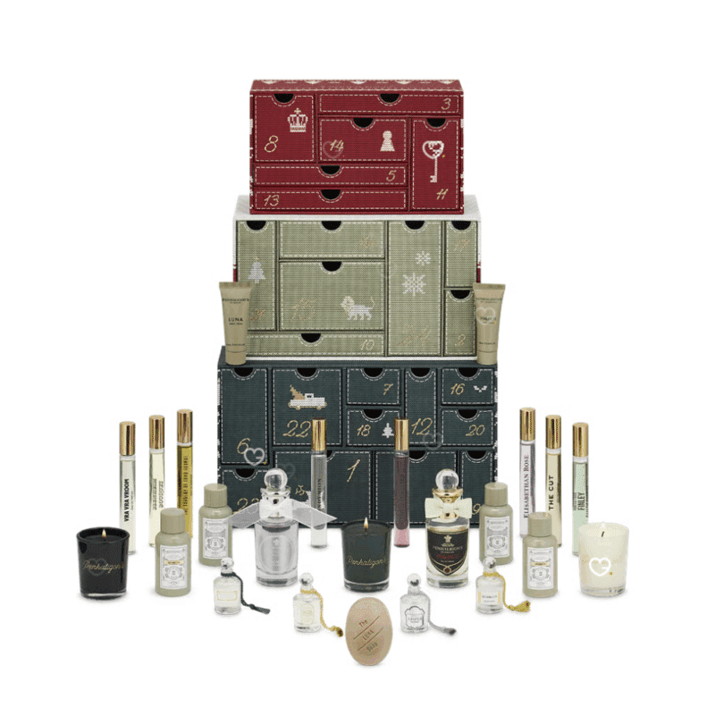Calendrier de l’Avent Penhaligon’s 2025 en édition limitée, 24 miniatures de parfums, soins corps et bougies, cadeau luxe pour amateurs de parfumerie.