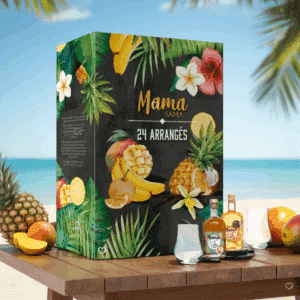 coffret alcool décoré ingrédients recettes calendrier de l'avent rhum arrangé 2025 Mama Sama avec 24 recettes de rhums à base de rhum agricole IGP