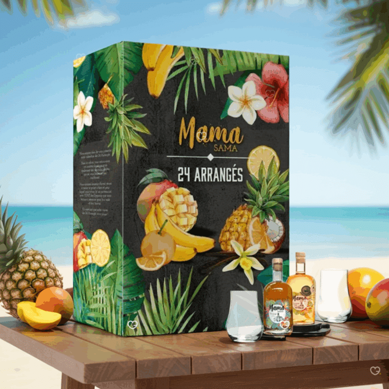 coffret alcool décoré ingrédients recettes calendrier de l'avent rhum arrangé 2025 Mama Sama avec 24 recettes de rhums à base de rhum agricole IGP