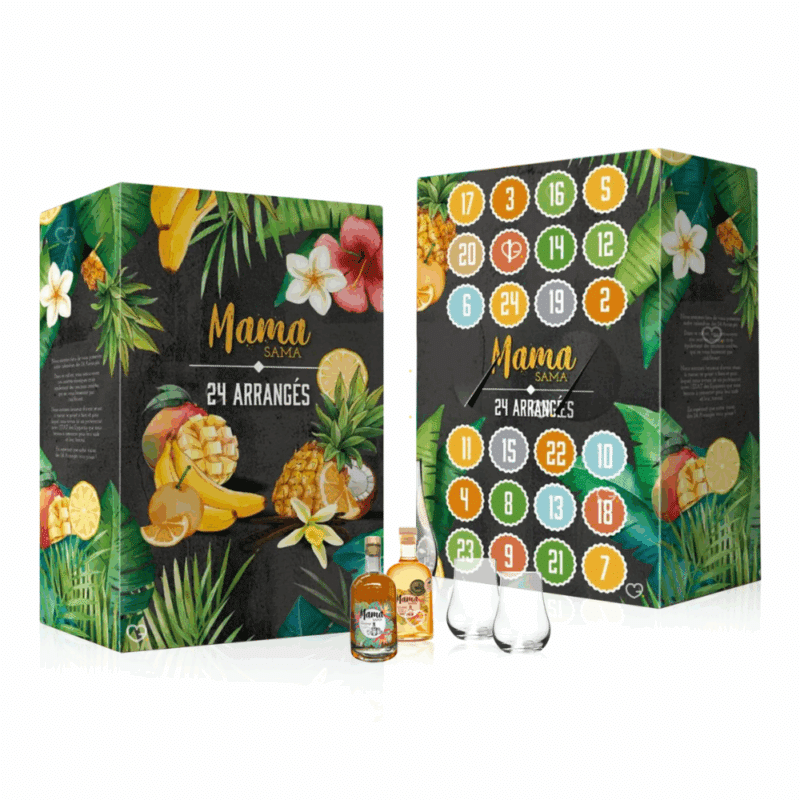 coffret alcool décoré ingrédients recettes calendrier de l'avent rhum arrangé 2025 Mama Sama avec 24 recettes de rhums à base de rhum agricole IGP