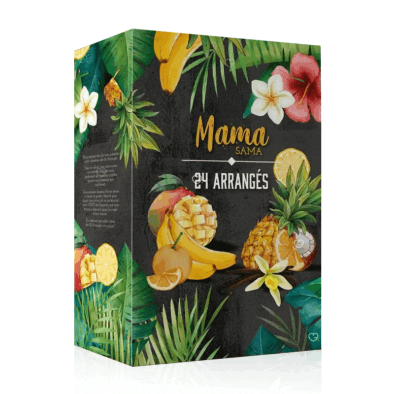 coffret alcool décoré ingrédients recettes calendrier de l'avent rhum arrangé 2025 Mama Sama avec 24 recettes de rhums à base de rhum agricole IGP