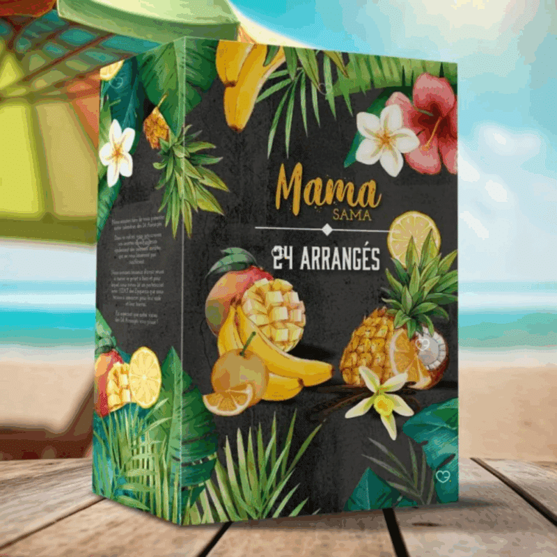 coffret alcool décoré ingrédients recettes calendrier de l'avent rhum arrangé 2025 Mama Sama avec 24 recettes de rhums à base de rhum agricole IGP