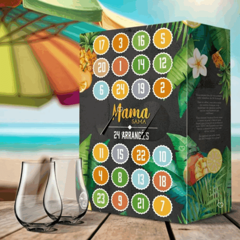 coffret alcool décoré ingrédients recettes calendrier de l'avent rhum arrangé 2025 Mama Sama avec 24 recettes de rhums à base de rhum agricole IGP