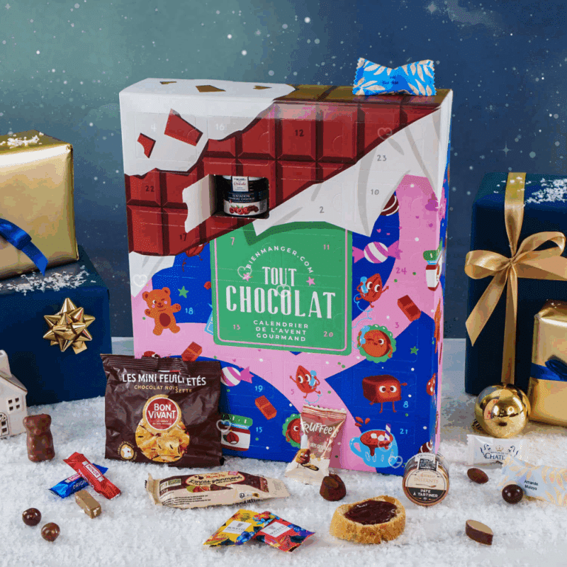 calendrier de l'avent chocolat gourmand 2025 décoré tablette choco contenant 24 surprises chocolatées truffe, guimauve, bonbon, pate a tartiner d'artisans