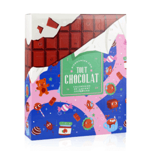 calendrier de l'avent chocolat gourmand 2025 décoré tablette choco contenant 24 surprises chocolatées truffe, guimauve, bonbon, pate a tartiner d'artisans