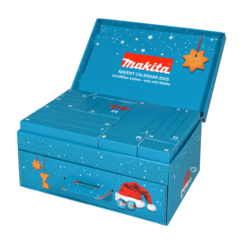 Calendrier de l’Avent Makita 2025 édition limitée contenant 24 outils et accessoires de bricolage et goodies, idéal cadeau homme et bricoleur.