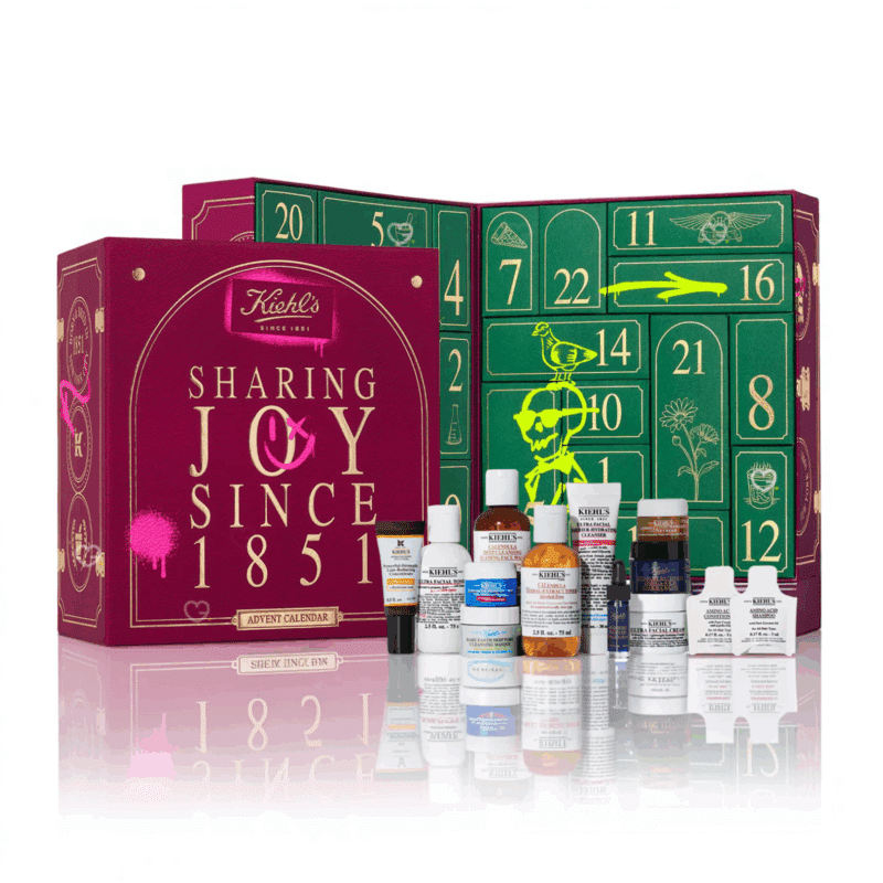 Calendrier de l’Avent Kiehl's 2025 en édition limitée, 24 soins skincare visage et corps premium, idéal cadeau beauté festif féminin.