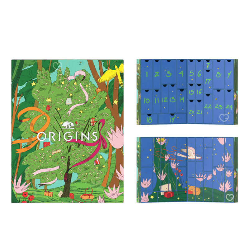 Calendrier de l’Avent Origins 2025 renfermant 24 produits beauté naturels : soins visage et corps pour femme en recherche de bien-être naturel.