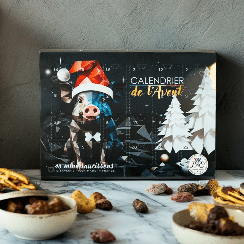 calendrier de l'avent saucisson 2024 avec 48 mini saucissons de 12 saveurs de la Maison bayle