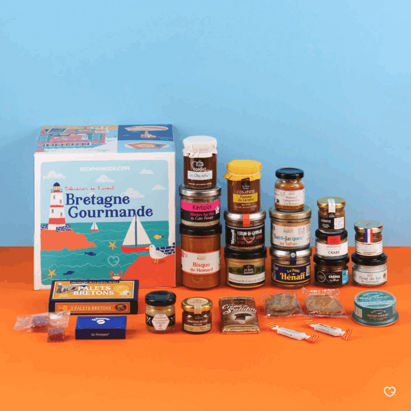 Calendrier de l’Avent gourmand Bretagne 2025 avec 24 spécialités gourmandes sucrées et salées artisanales, idéal pour famille, couple et amateur de gastronomie régionale.