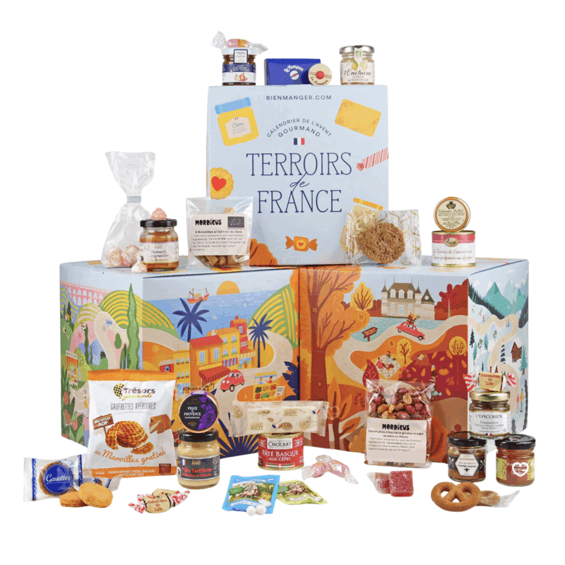 Calendrier de l’Avent Terroirs de France 2025 en cube festif, offrant 24 spécialités sucrées et salées régionales pour amateurs de gastronomie.