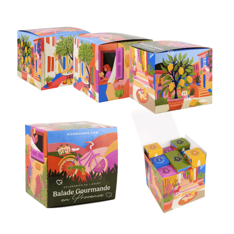 Calendrier de l’Avent Gourmand Balade gourmande en Provence 2025 avec 24 spécialités sucrées et salées artisanales, idéal cadeau raffiné pour homme, femme et couple amateurs de gourmandises.