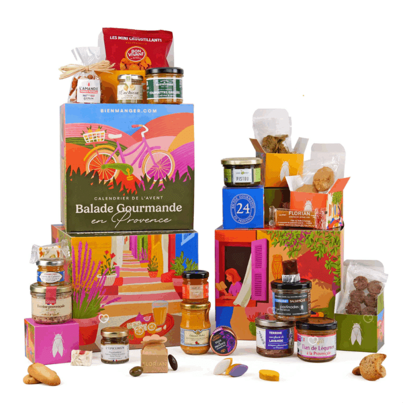 Calendrier de l’Avent Gourmand Balade gourmande en Provence 2025 avec 24 spécialités sucrées et salées artisanales, idéal cadeau raffiné pour homme, femme et couple amateurs de gourmandises.