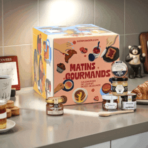 Calendrier de l’Avent gourmand 2025 Petit Déjeuner avec 25 gourmandises à tartiner variées, confitures, miels et pâtes à tartiner pour adultes, couples gourmands.