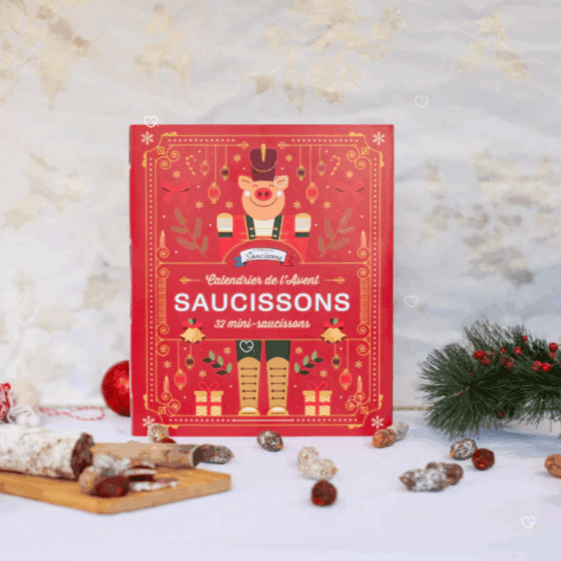 Calendrier de l’Avent Saucisson 2025 avec 32 mini saucisson de 10 saveurs artisanales variées, idée cadeau festive pour adulte et couple gourmand.