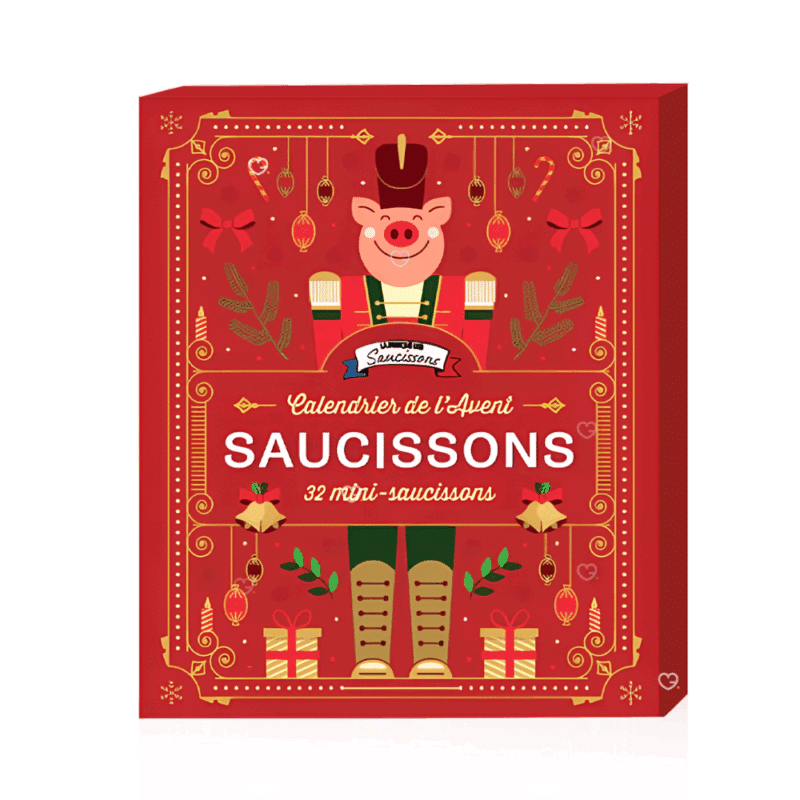 Calendrier de l’Avent Saucisson 2025 avec 32 mini saucisson de 10 saveurs artisanales variées, idée cadeau festive pour adulte et couple gourmand.