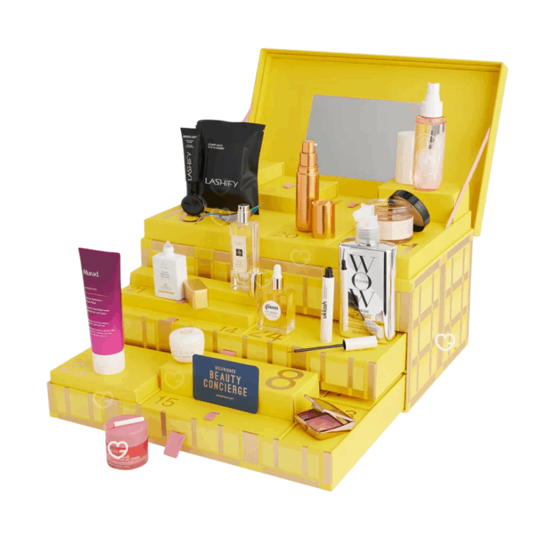 Calendrier de l’Avent Selfridges 2025 luxe beauté avec 37 must-have dont 24 full-size, marques cultes et émergentes, idéal pour femmes urbaines passionnées de cosmétiques premium.