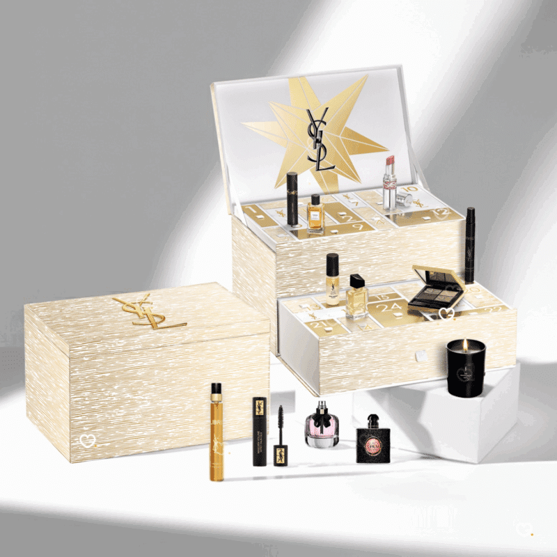 contenu Calendrier de l’Avent YSL Beauty 2025 en édition limitée, coffret luxe doré avec 24 miniatures maquillage, soins visage et parfums pour femme
