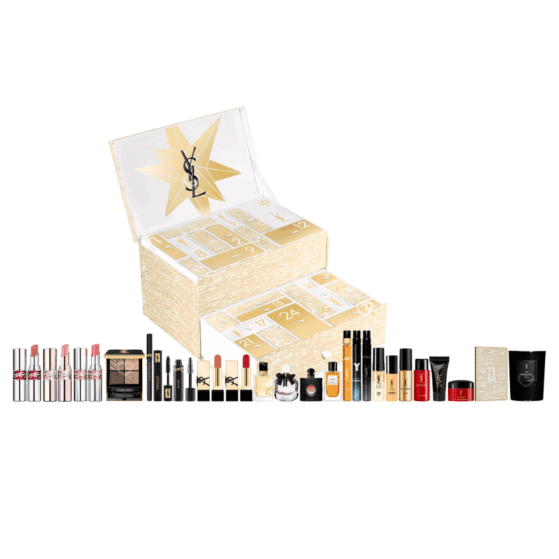 contenu Calendrier de l’Avent YSL Beauty 2025 en édition limitée, coffret luxe doré avec 24 miniatures maquillage, soins visage et parfums pour femme