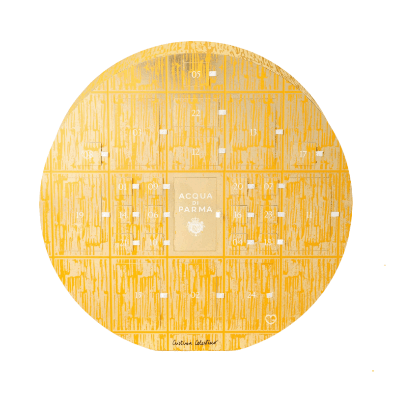 Calendrier de l’Avent Acqua Di Parma 2025 en coffret luxueux, 25 surprises beauté dont 13 parfums, 10 soins corporels et 2 bougies parfumées, idéal pour amateurs de parfumerie de luxe.
