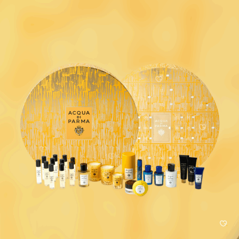 Calendrier de l’Avent Acqua Di Parma 2025 en coffret luxueux, 25 surprises beauté dont 13 parfums, 10 soins corporels et 2 bougies parfumées, idéal pour amateurs de parfumerie de luxe.