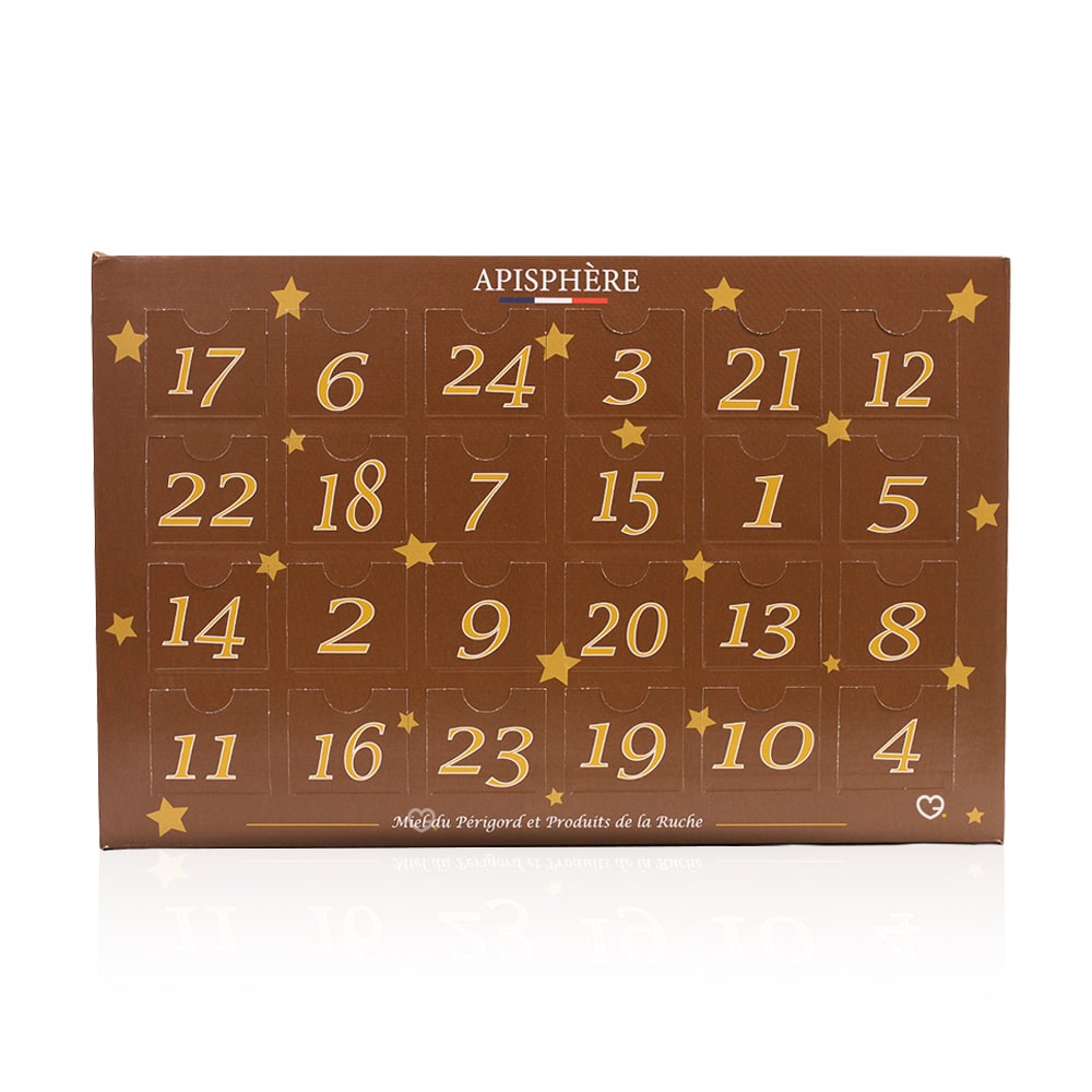 calendrier de l'avent miel Apisphère 2024 contenant 24 pots de miels et bonbons