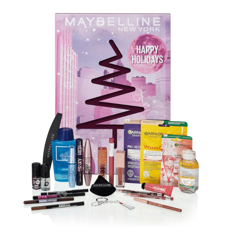 Calendrier de l'Avent beauté Maybelline edition 2025 avec 24 produits de maquillage Maybelline : rouge à lèvres, du mascara, du vernis, makeup..