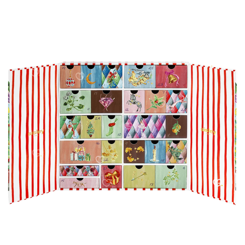 coffret beauté luxe calendrier de l'avent sisley paris 2025 avec décor contenant des produits de beauté, soins cosmétiques, soins visage, maquillage et soins capillaire d'une valeur de +1100 euros