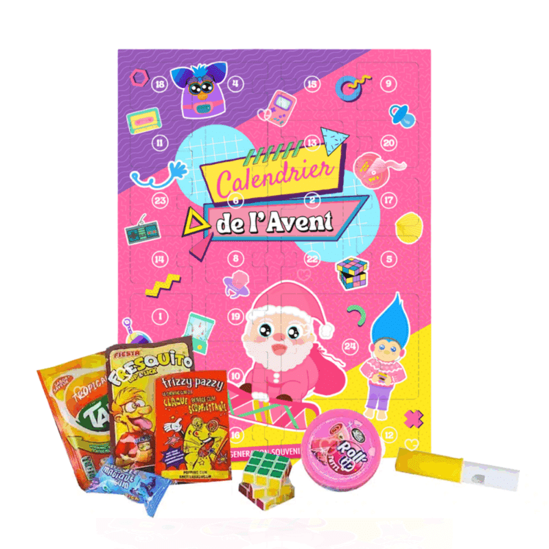 calendrier de l'avent generation souvenirs 2025 contenant des bonbons, des chocolats et des jouets retro des année 80 et 90