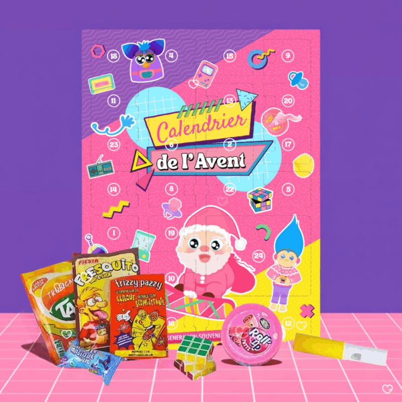 calendrier de l'avent generation souvenirs 2025 contenant des bonbons, des chocolats et des jouets retro des année 80 et 90