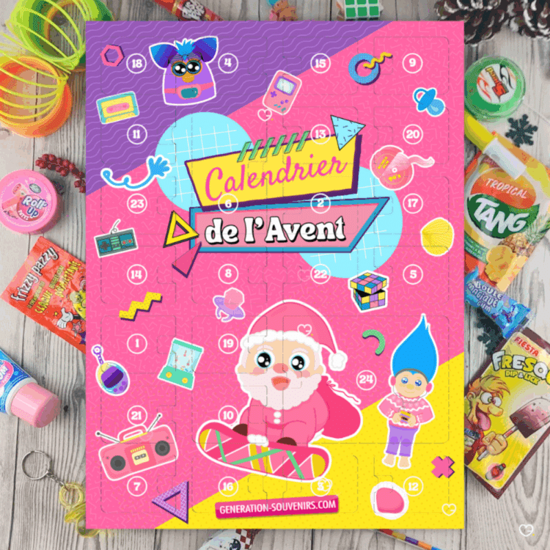 calendrier de l'avent generation souvenirs 2025 contenant des bonbons, des chocolats et des jouets retro des année 80 et 90