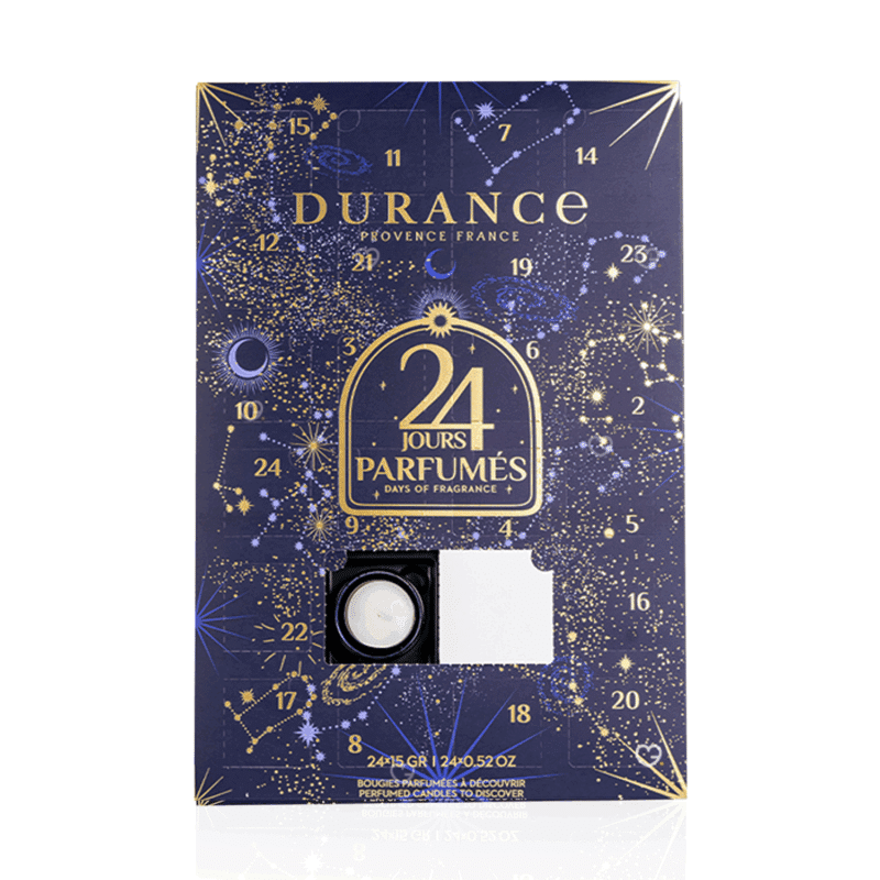 Calendrier de l’Avent Durance 2025 avec 24 bougies parfumées, 12 senteurs exclusives et un photophore en verre, idéal cadeau cocooning et décoration .