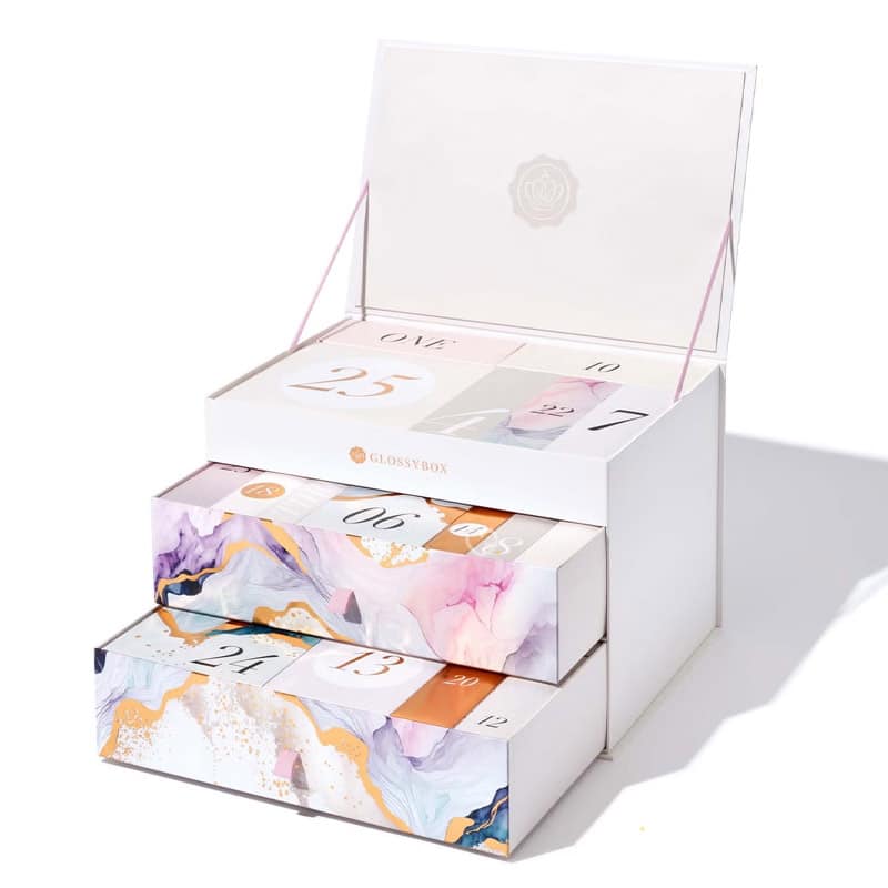 coffret beauté couleur marbre Calendrier de l'avent glossybox 2024 avec 27 produits beauté visage corps cheveux multimarque