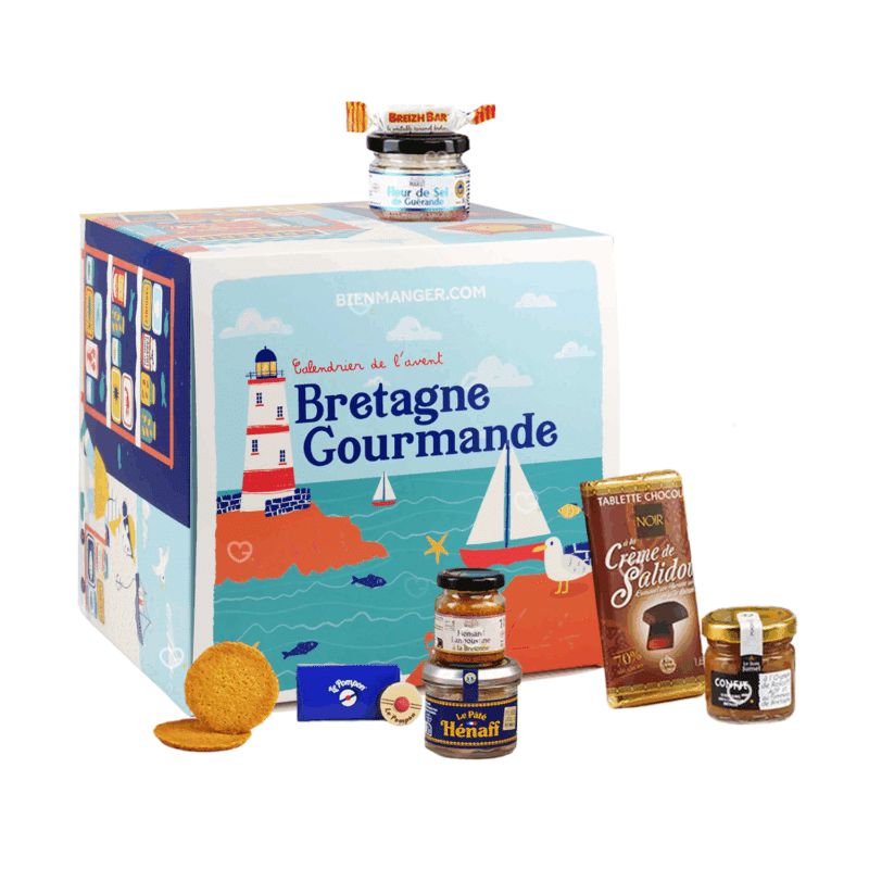 Calendrier de l’Avent gourmand Bretagne 2025 avec 24 spécialités gourmandes sucrées et salées artisanales, idéal pour famille, couple et amateur de gastronomie régionale.