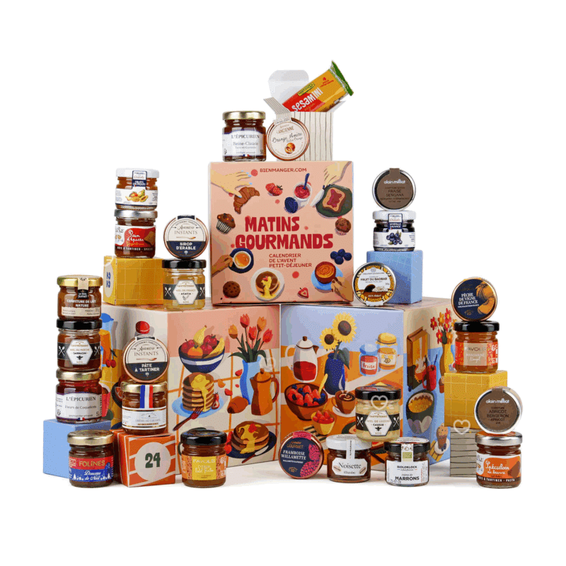 Calendrier de l’Avent gourmand 2025 Petit Déjeuner avec 25 gourmandises à tartiner variées, confitures, miels et pâtes à tartiner pour adultes, couples gourmands.