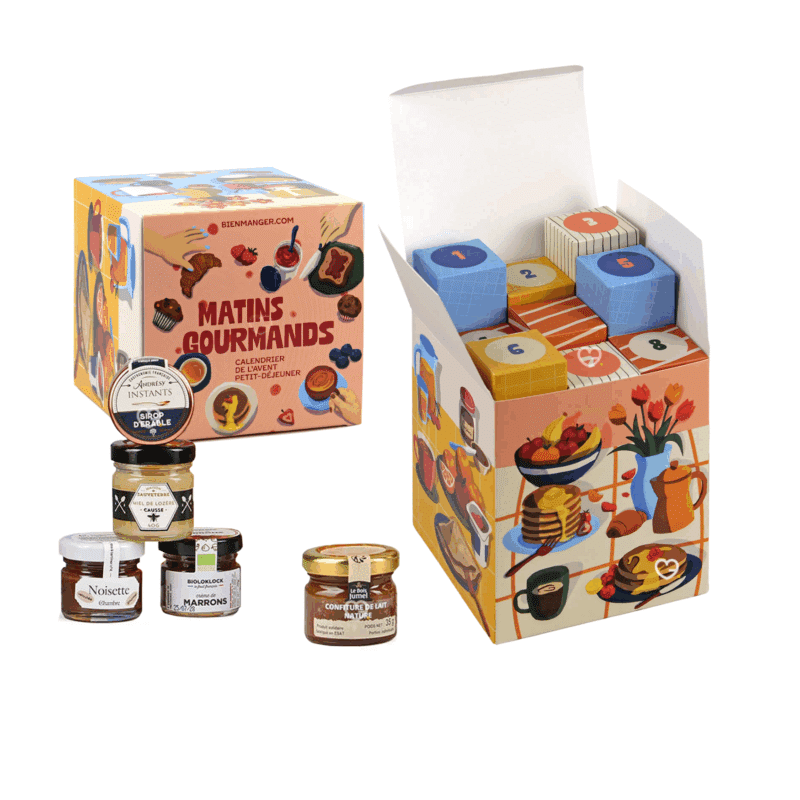 Calendrier de l’Avent gourmand 2025 Petit Déjeuner avec 25 gourmandises à tartiner variées, confitures, miels et pâtes à tartiner pour adultes, couples gourmands.