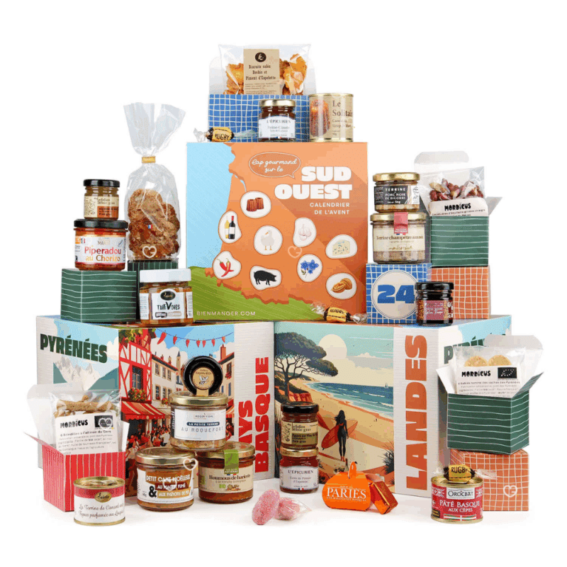 Calendrier de l’Avent gourmand 2025 avec 24 spécialités salées et sucrées du Sud-Ouest, idéal pour homme , femme ou famille amateur de gastronomie régionale.