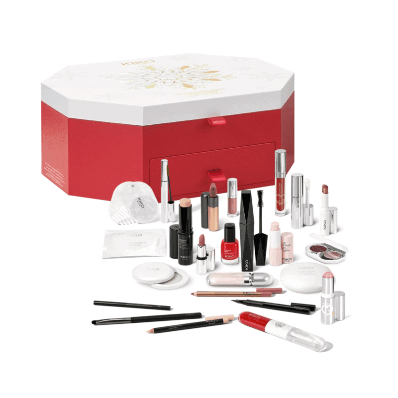 Calendrier de l’Avent Kiko 2025 avec 24 produits beauté dont maquillage, soins, accessoires et parfum solide, pensé pour femmes passionnées de cosmétiques.